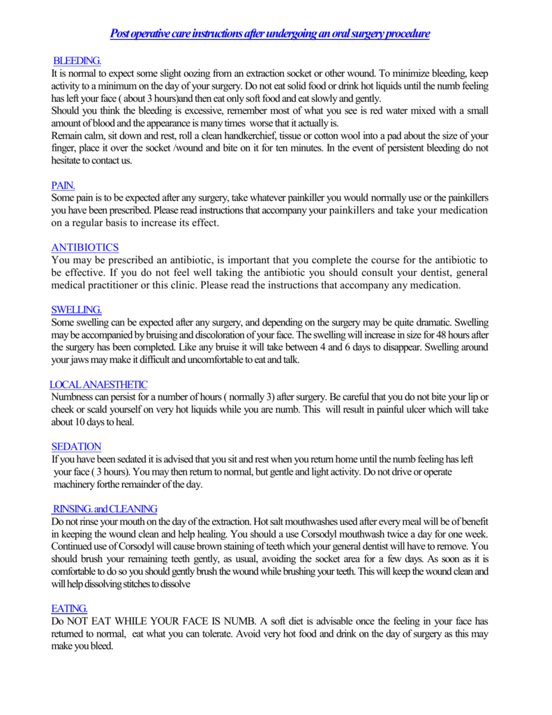 Post Op Extraction Instructions Printable