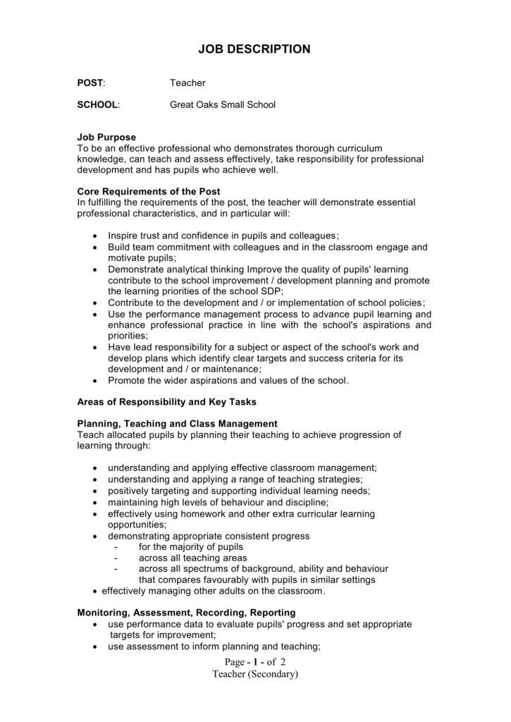 Secondary Teacher 1 Job Description