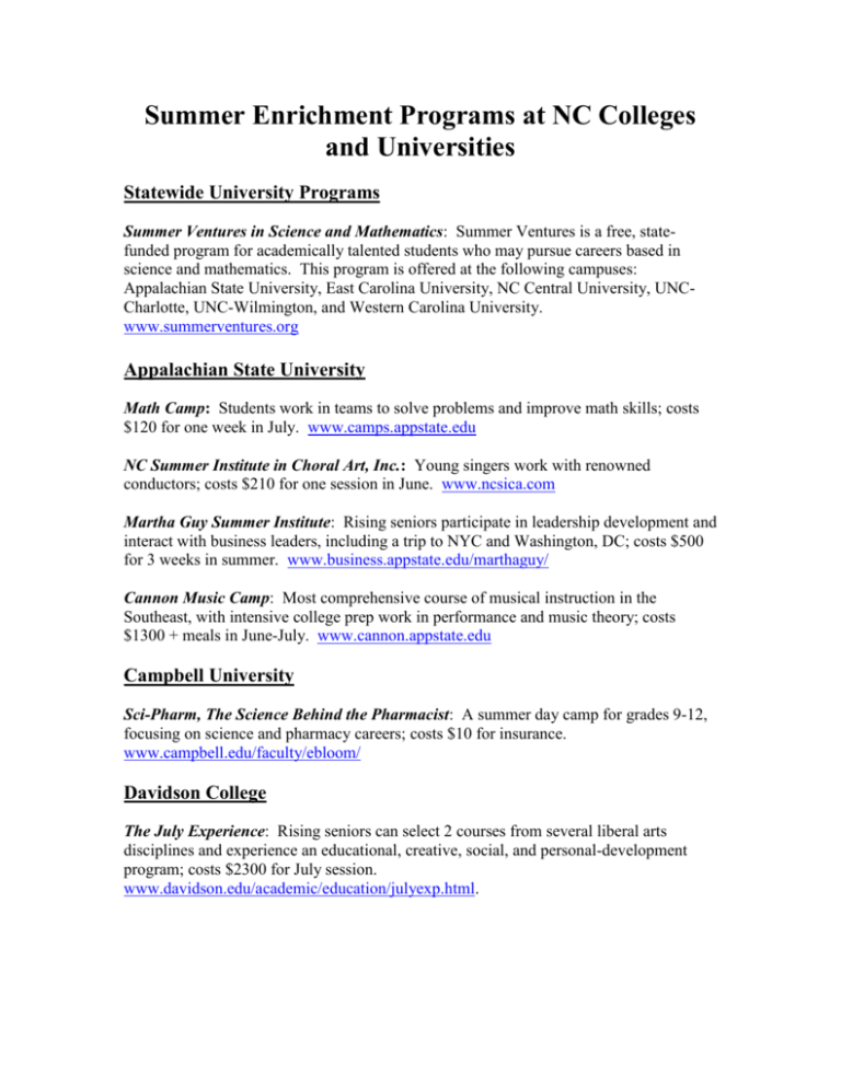 Summer Enrichment Programs At NC Colleges And Universities