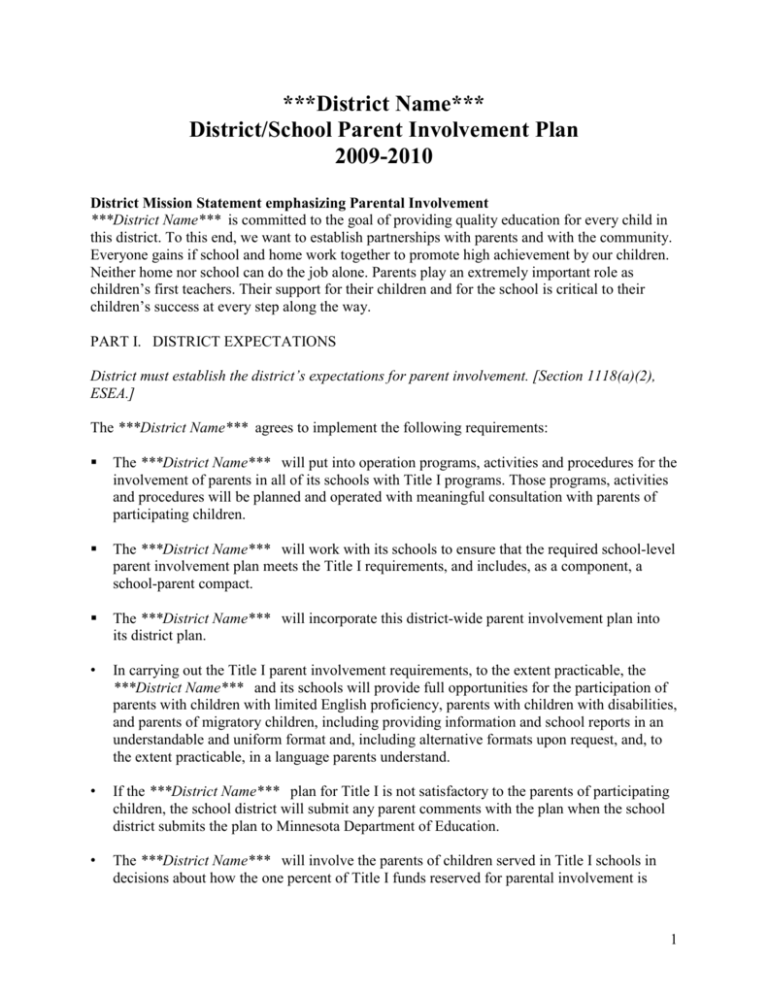 Sample: District / School Parent Involvement Policy