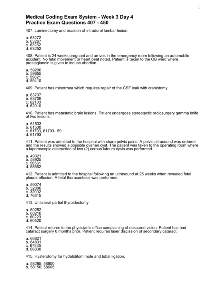 1 Medical Coding Exam System Week 3 Day 4 Practice Exam