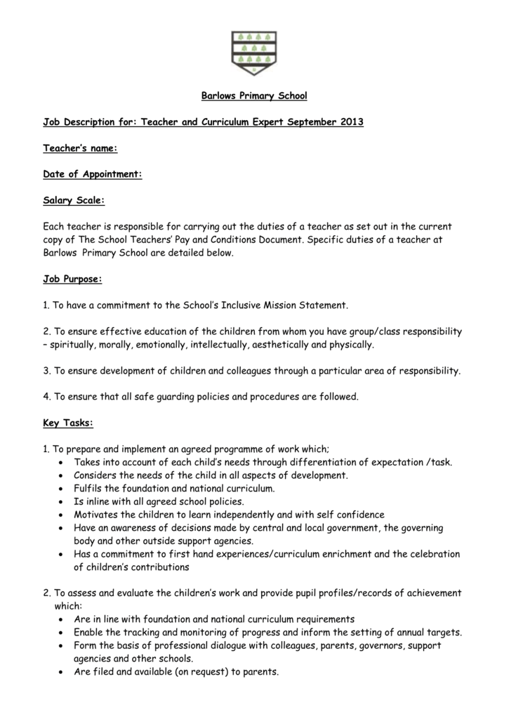 Job Description For Teacher And Curriculum Leader