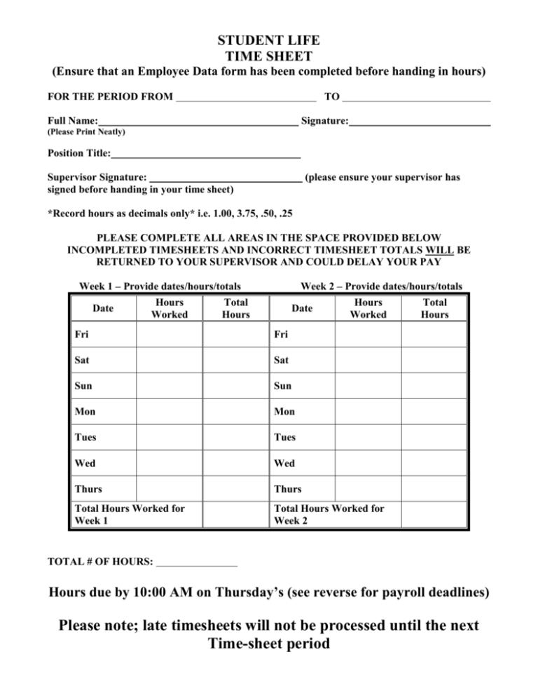 Timesheet student staff