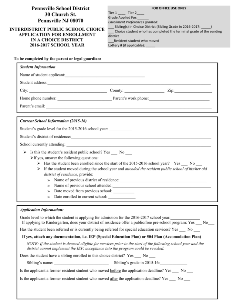 School Choice Application For Enrollment 2016-2017