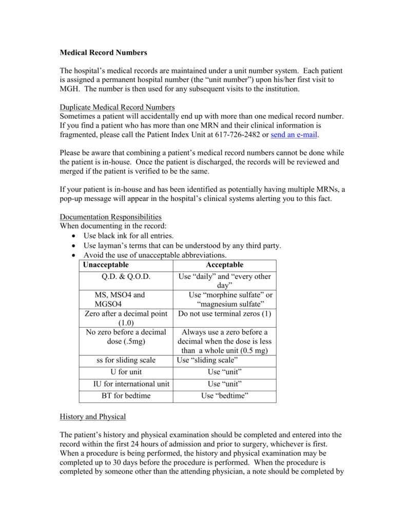 Medical Record Numbers The Hospital s Medical Records Are