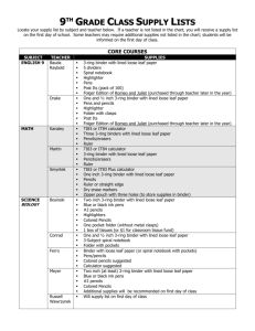 9th Grade Class Supply Lists