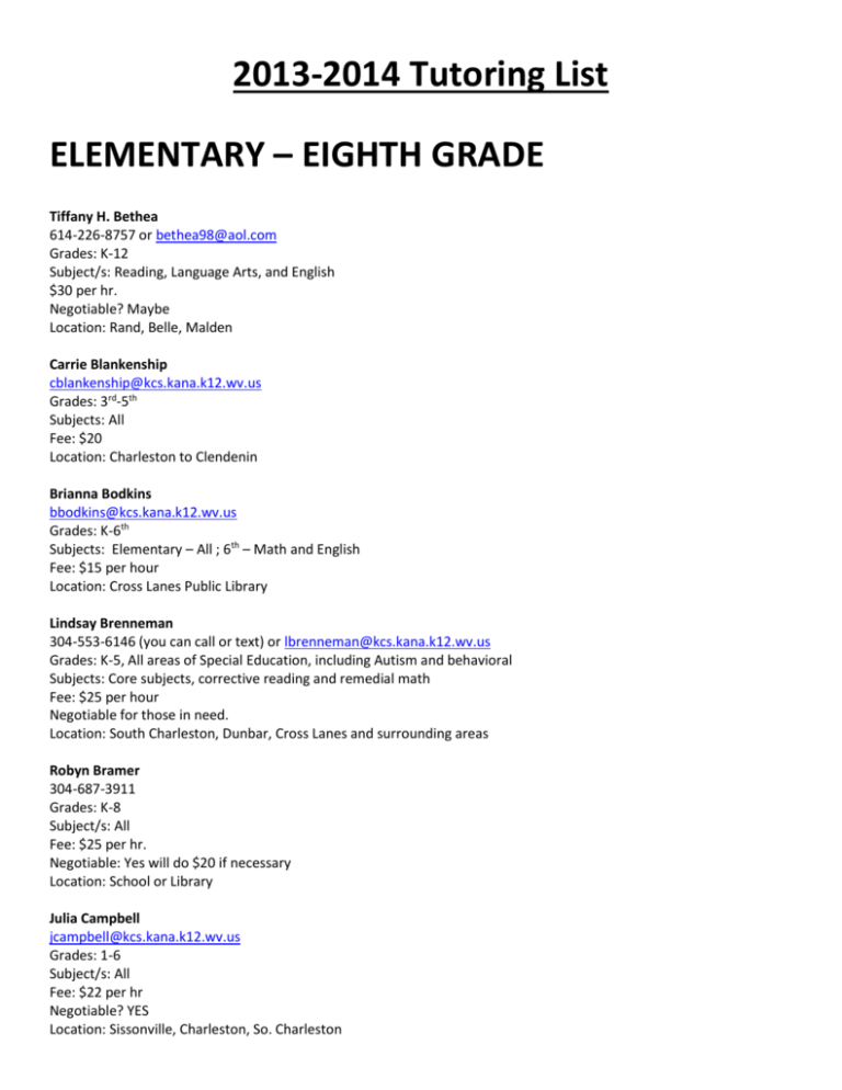 20132014 Tutoring List ELEMENTARY EIGHTH GRADE Tiffany H