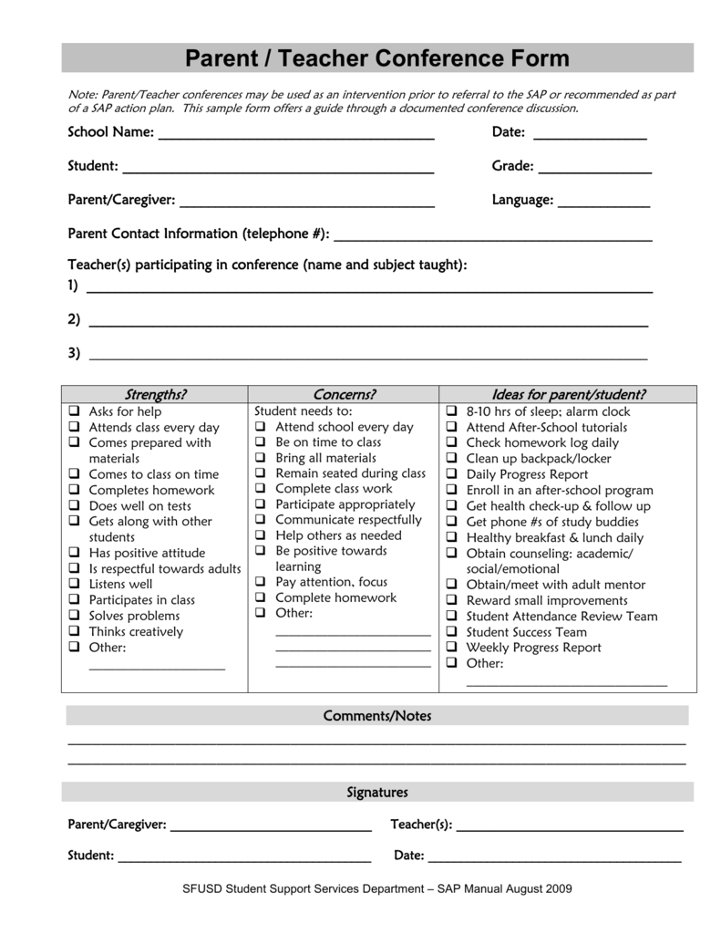 Sample Parent Teacher Conference Form Classles Democr vrogue co