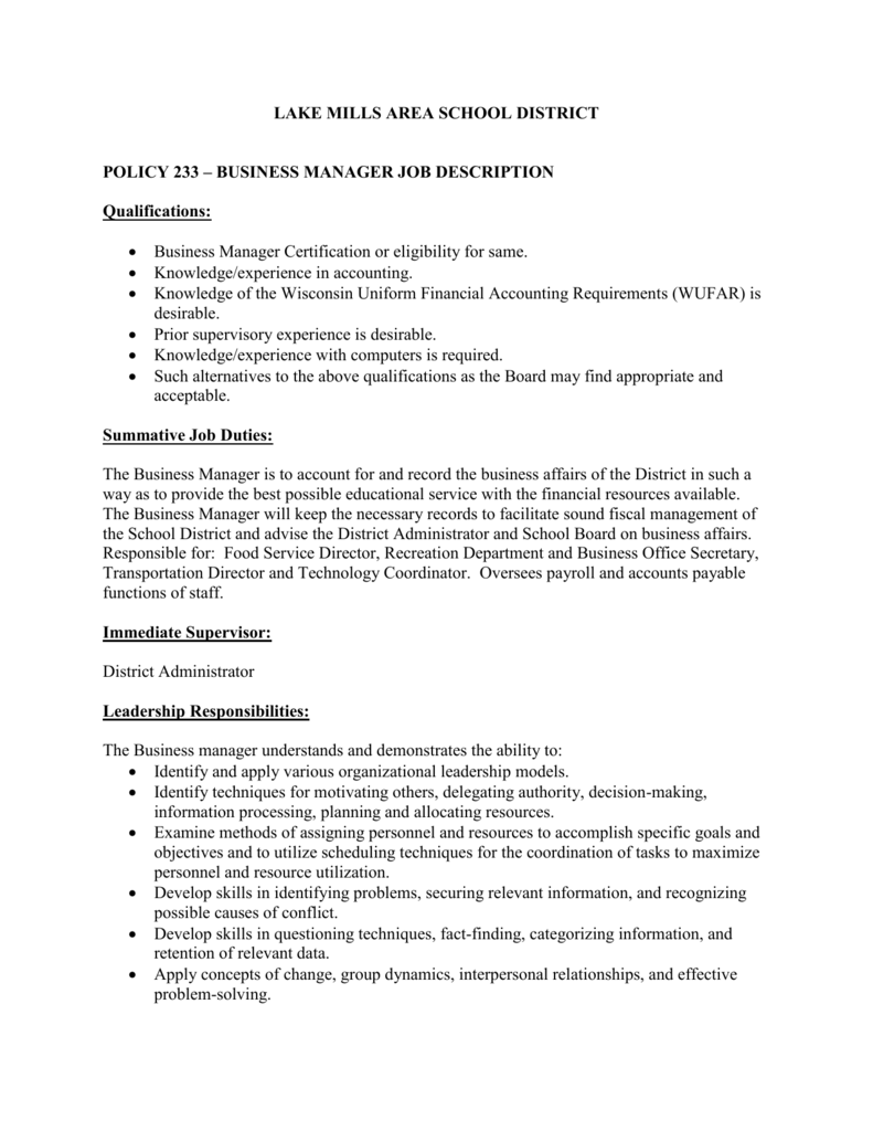 Business Manager Job Description Lake Mills Area School District