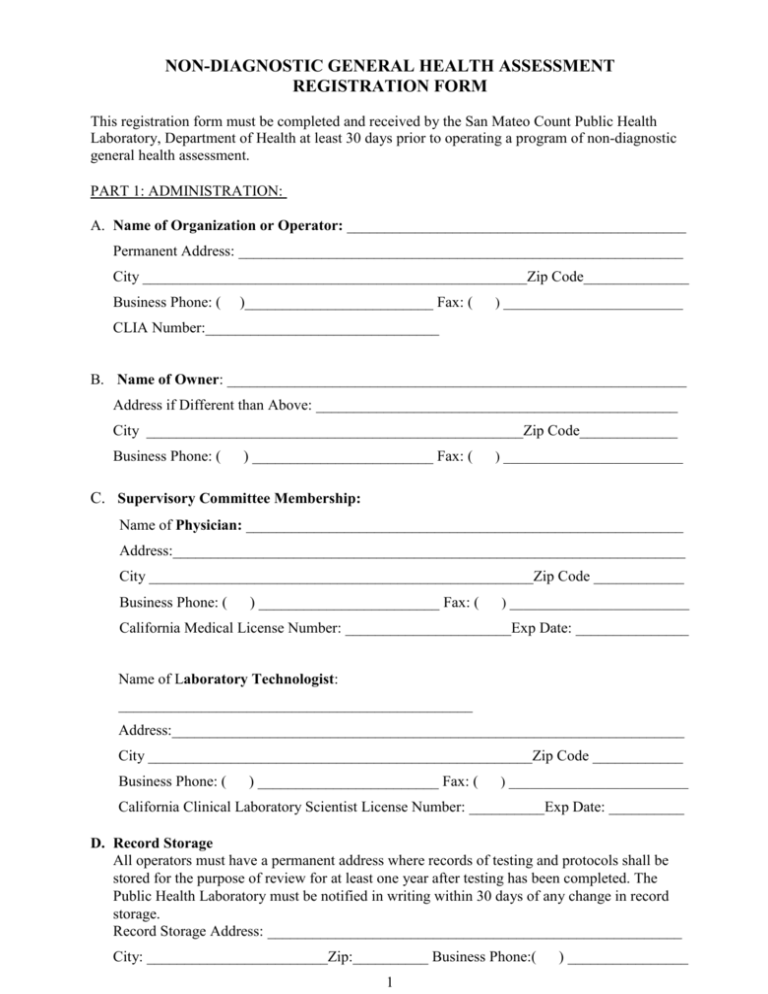 non-diagnostic general health assessmentregistration form