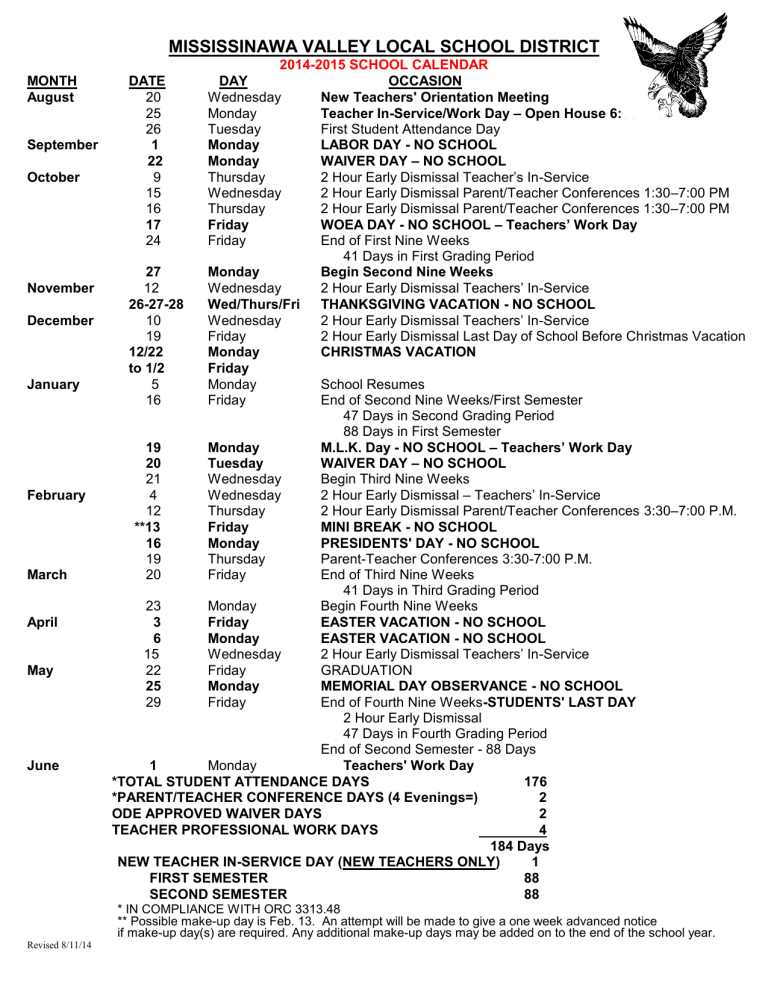 District Calendar Mississinawa Valley Schools