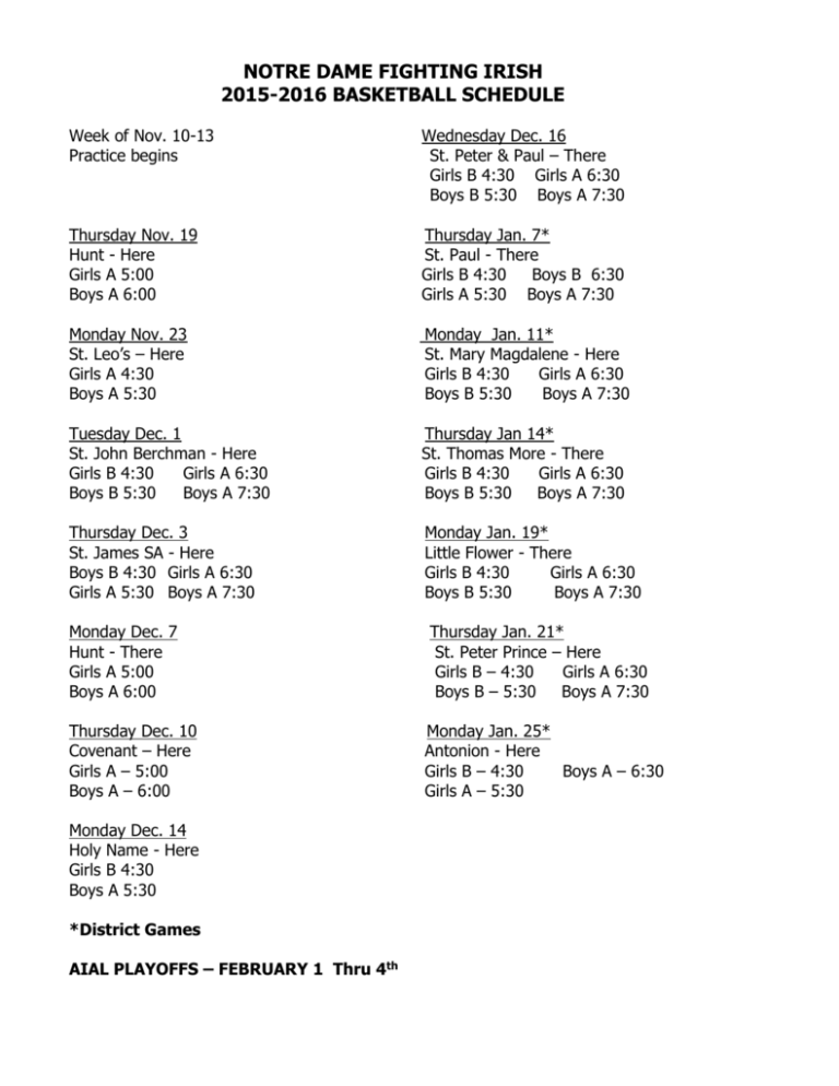 Basketball schedule 2015