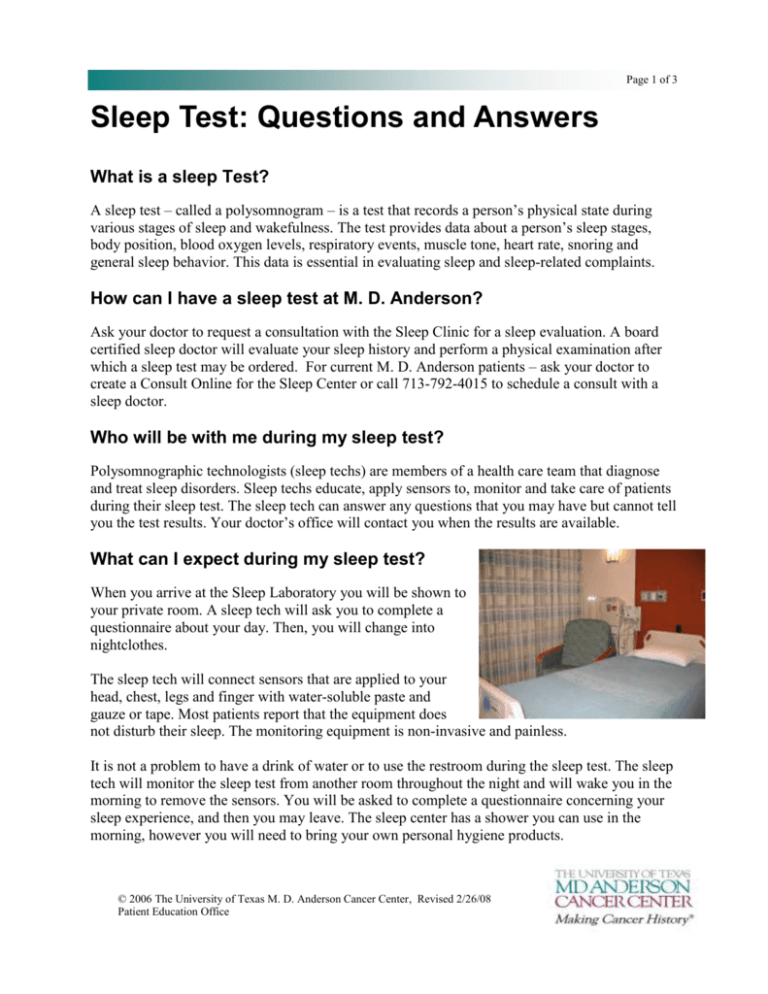 Sleep Test Information MD Anderson Cancer Center