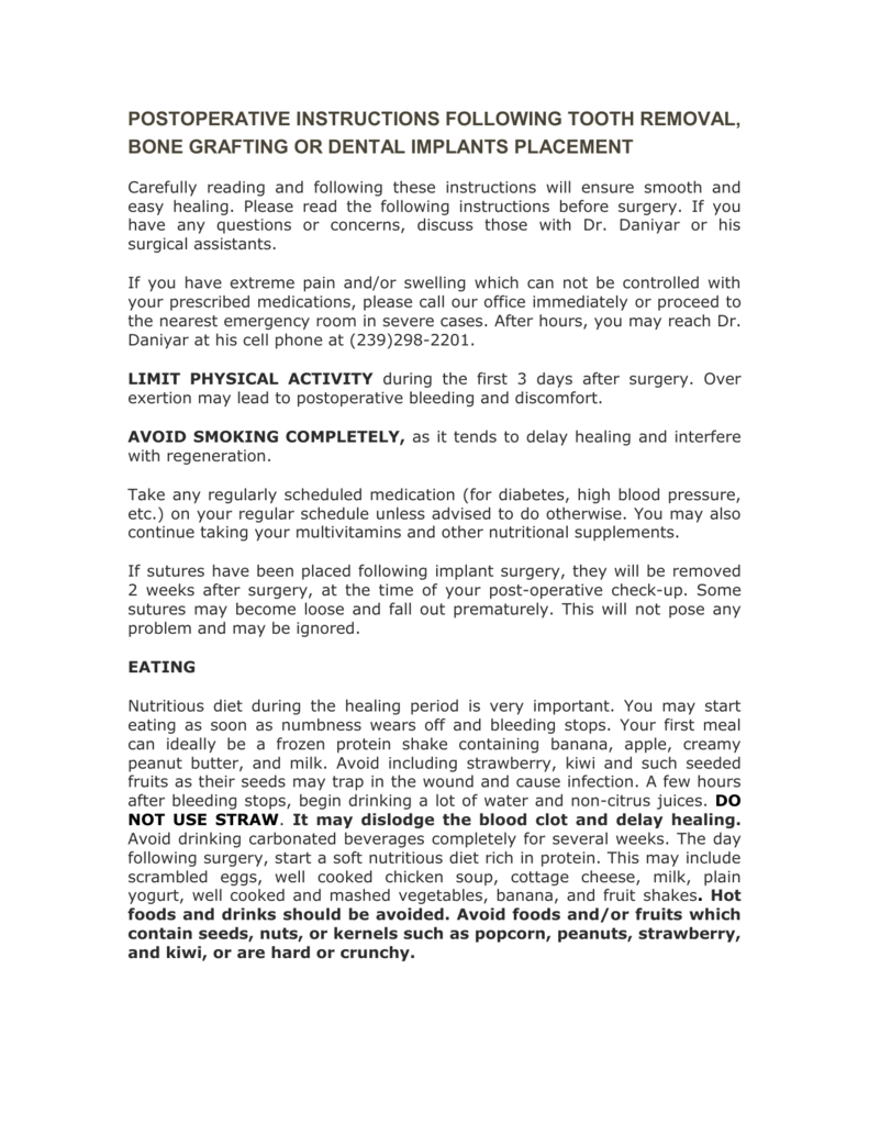 Postoperative Instructions Following Tooth