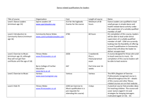 Dance related qualifications for leaders Title of course Organisation