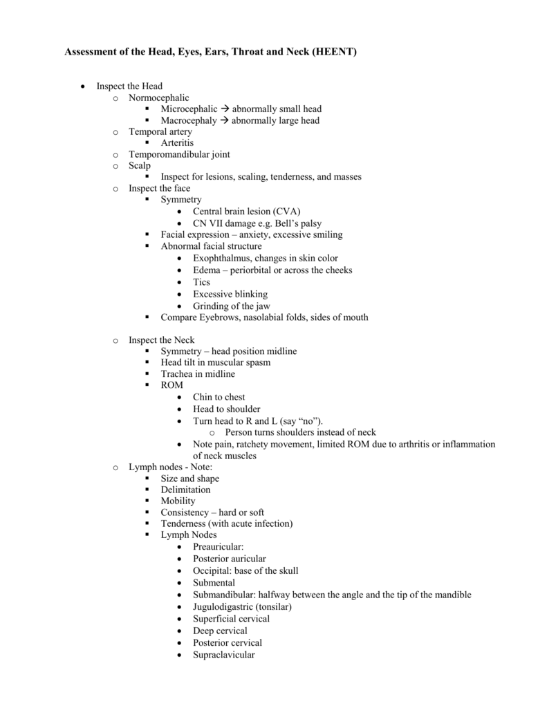 Assessment Of The Head Eyes Ears Throat And Neck HEENT 