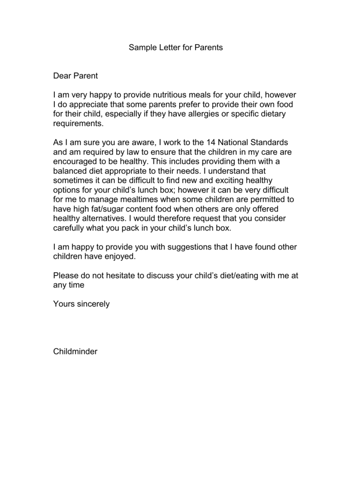 Sample Letter for Parents Bromley Childminding Association