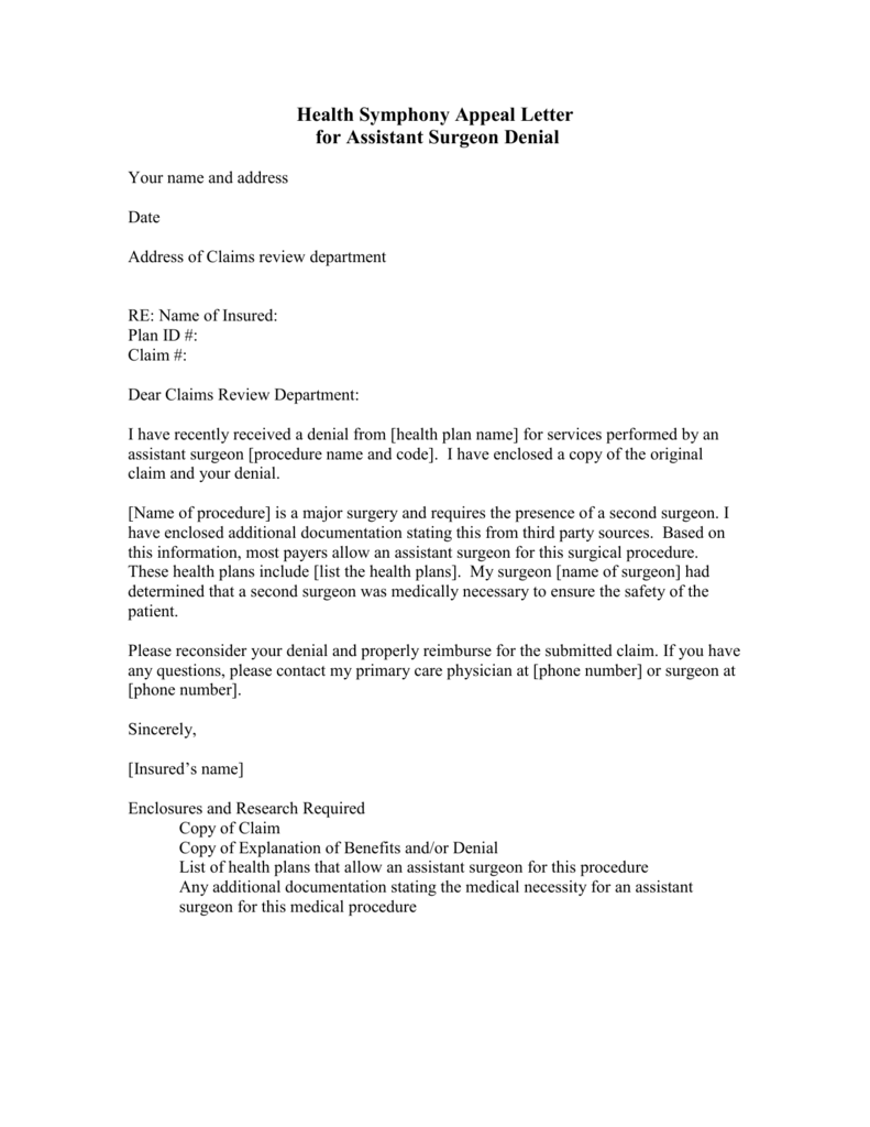 Appeal Letter Assistant Surgeon In Insurance Denial Appeal Letter Template
