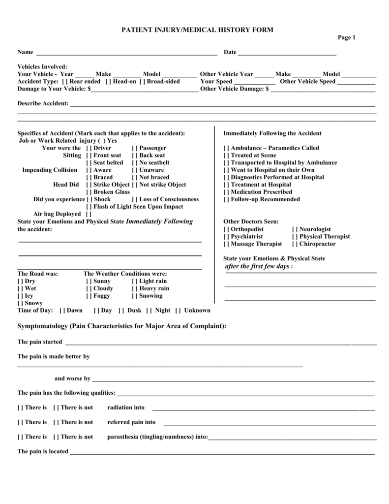 PATIENT INJURY MEDICAL HISTORY FORM