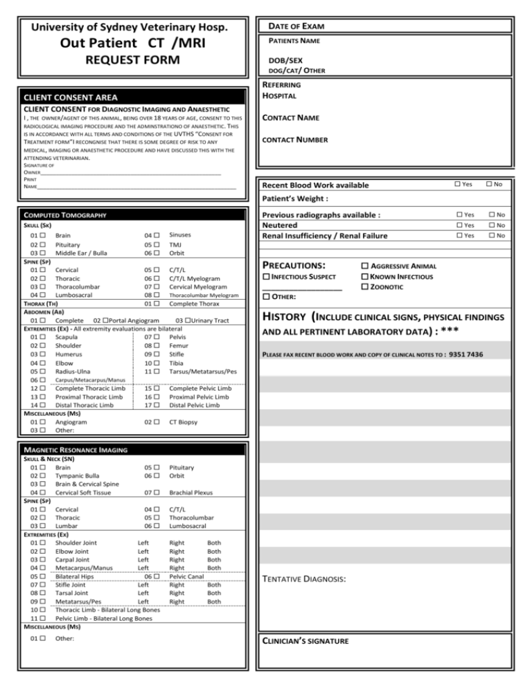 Outpatient CT MR Imaging Request Form