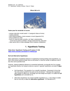 16 - Hypothesis Testing, p-values, Tests of 1 Mean