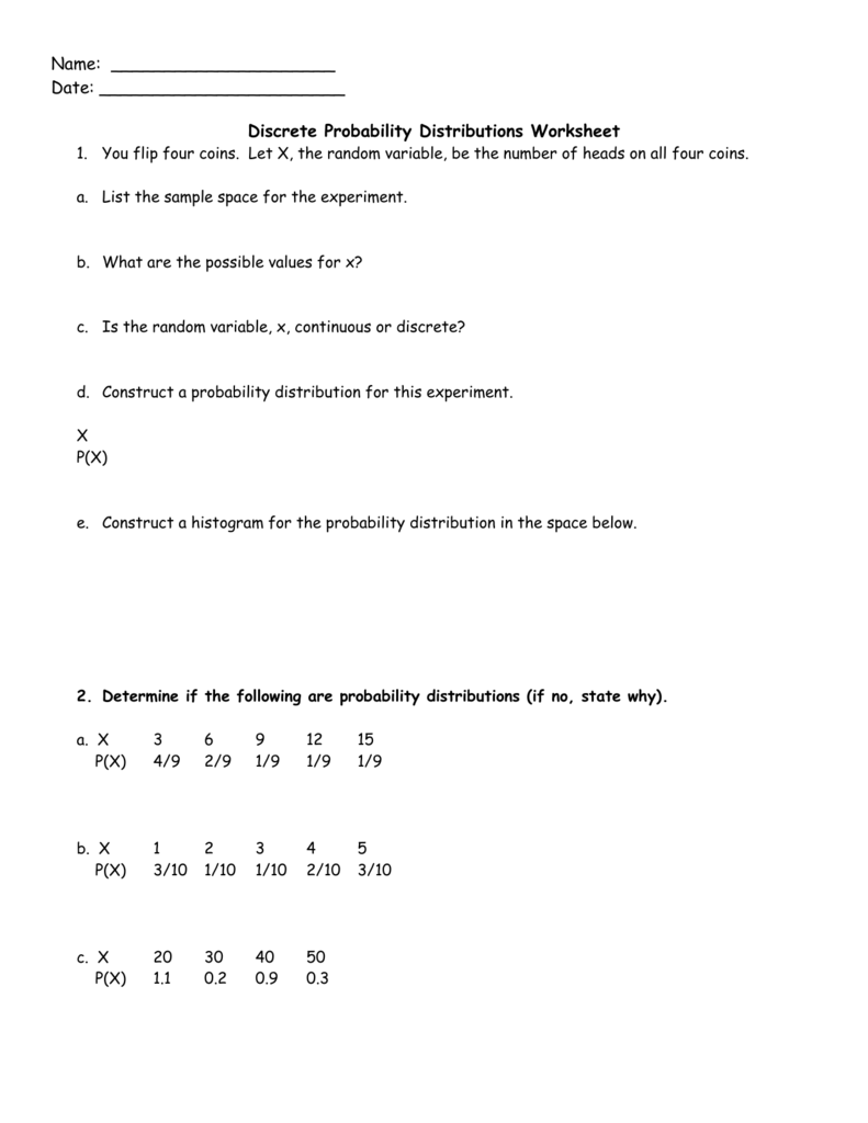 Discrete Probability Distributions Worksheet