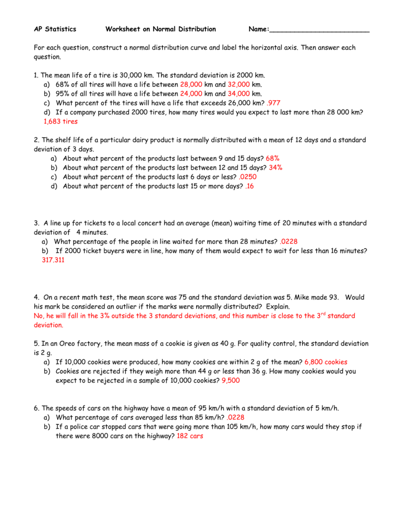 ap statistics worksheet on normal distribution name