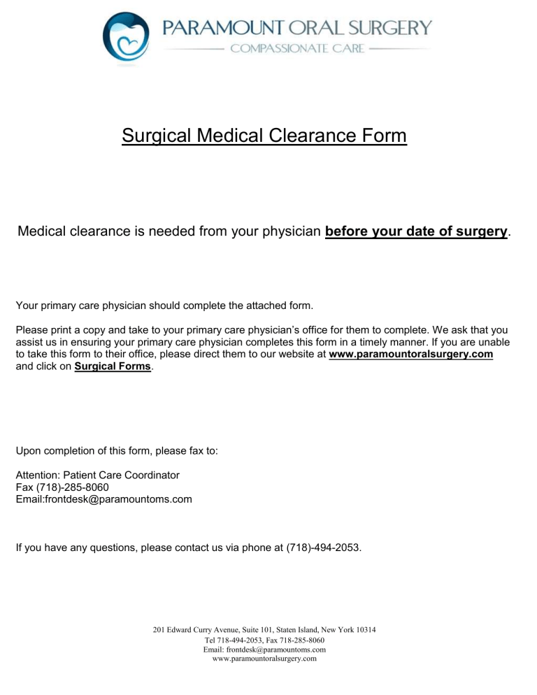 Surgical Medical Clearance Form