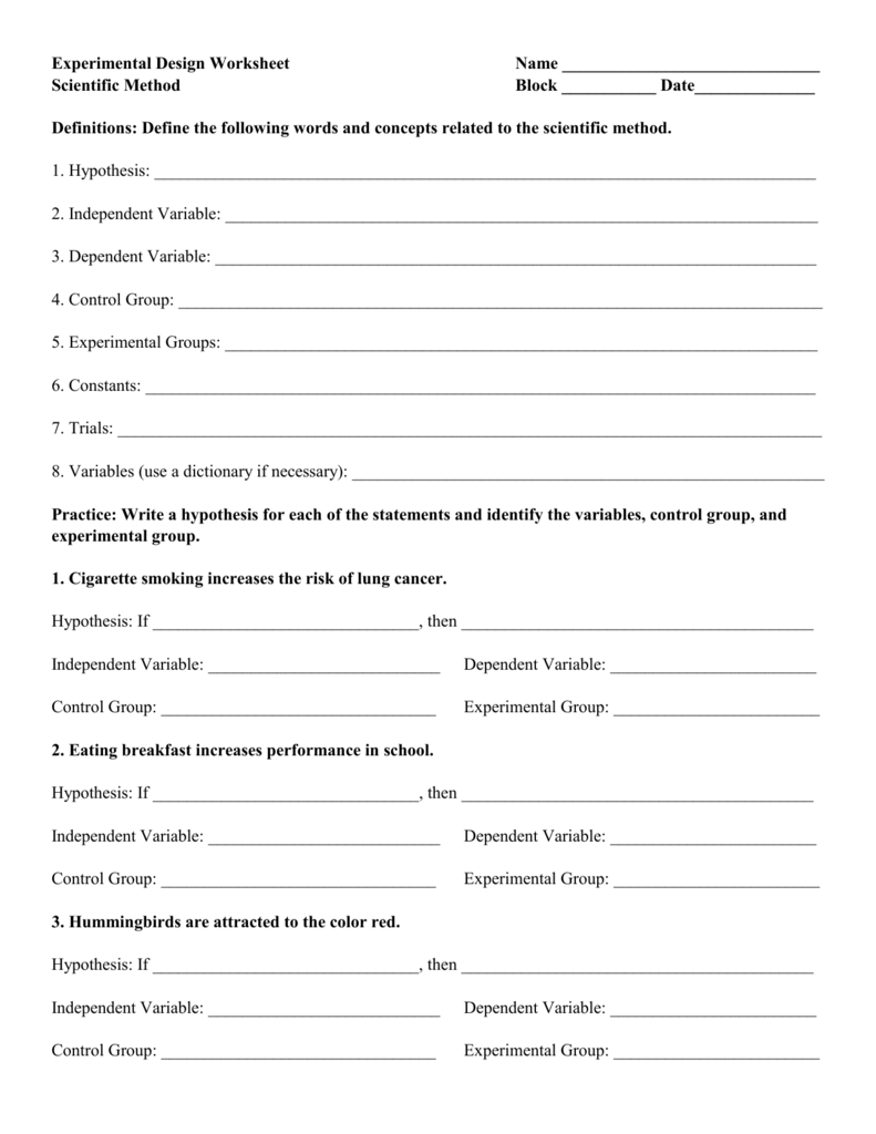 Experimental Design Worksheet For Designing An Experiment Worksheet