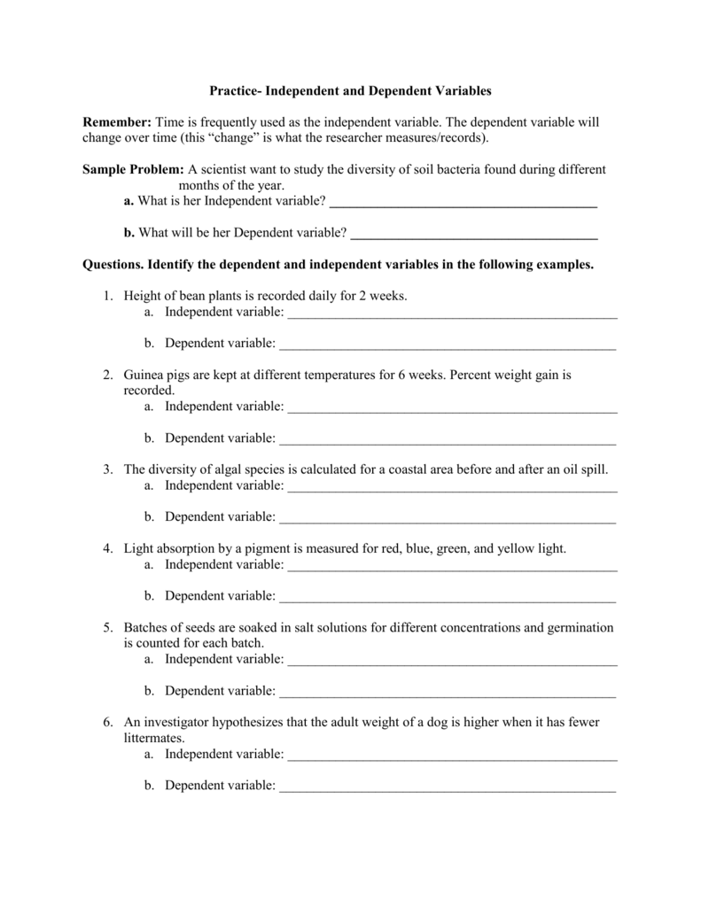 Practice- Independent and Dependent Variables Throughout Independent Dependent Variable Worksheet