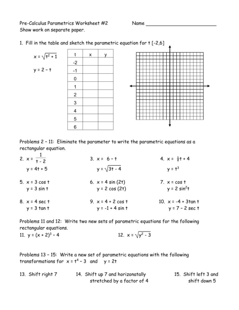pre calculus parametrics worksheet