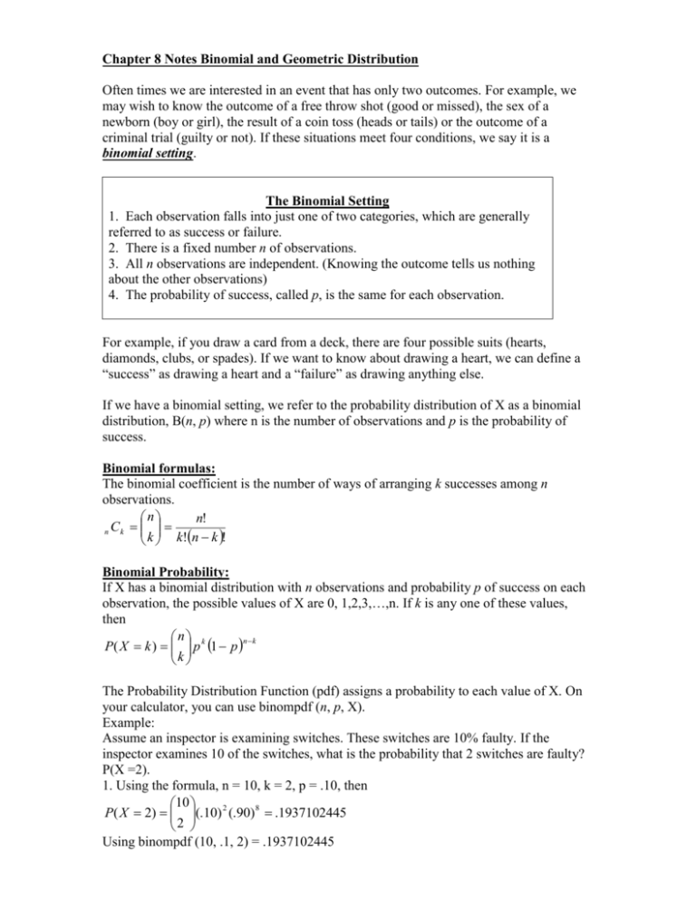 Chapter 8 Notes Binomial And Geometric Distribution