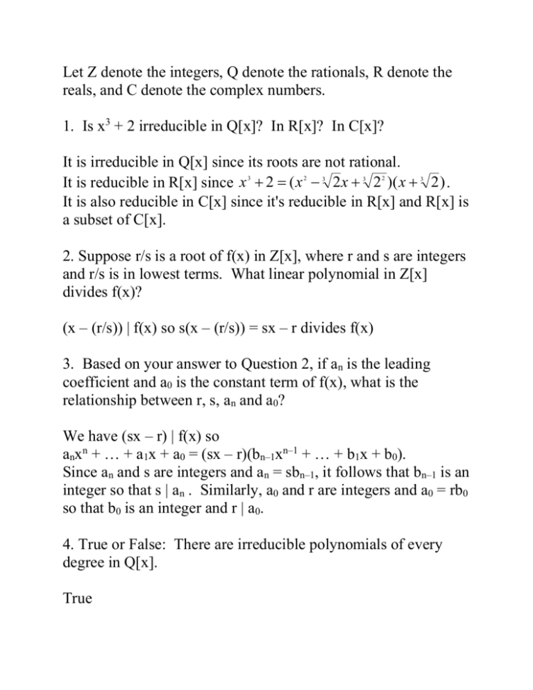 Let Z Denote The Integers Q Denote The Rationals R Denote The Reals