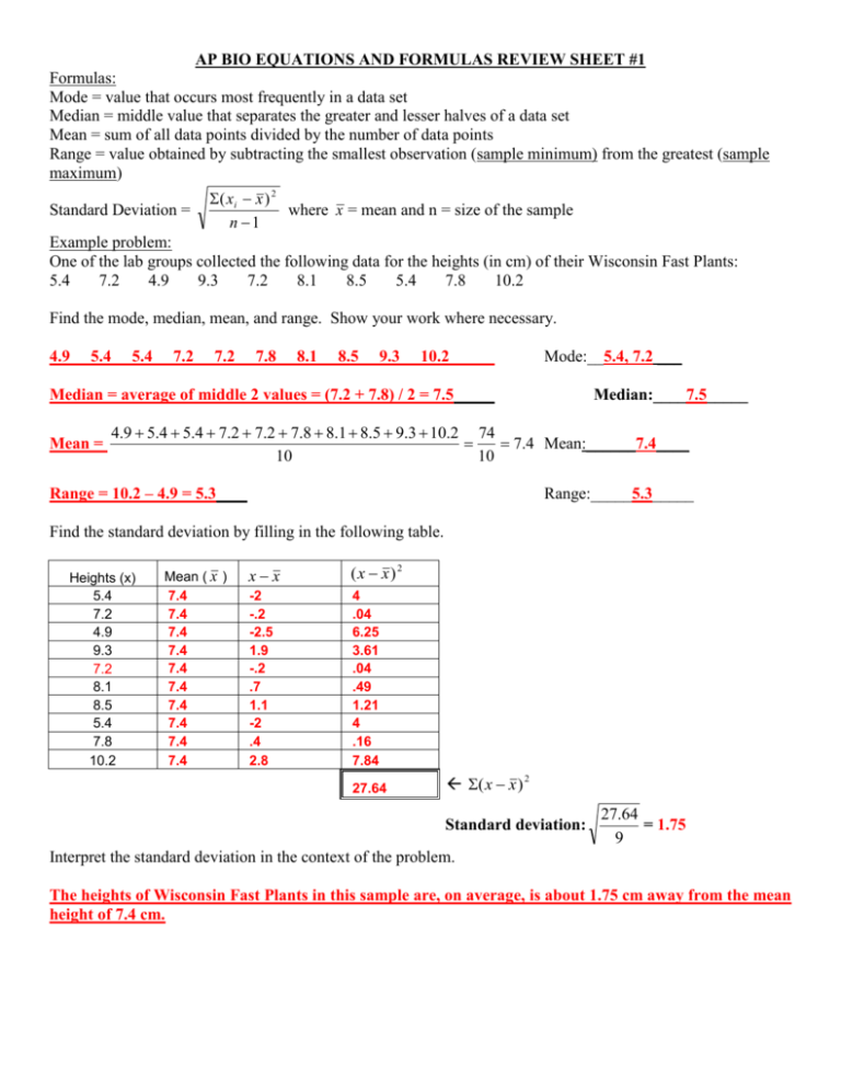 Answer Key Ap Biology Equations And Formula Review
