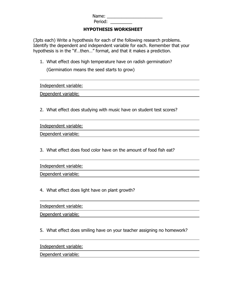 HYPOTHESIS WORKSHEET - Harlandale High School Within Writing A Hypothesis Worksheet