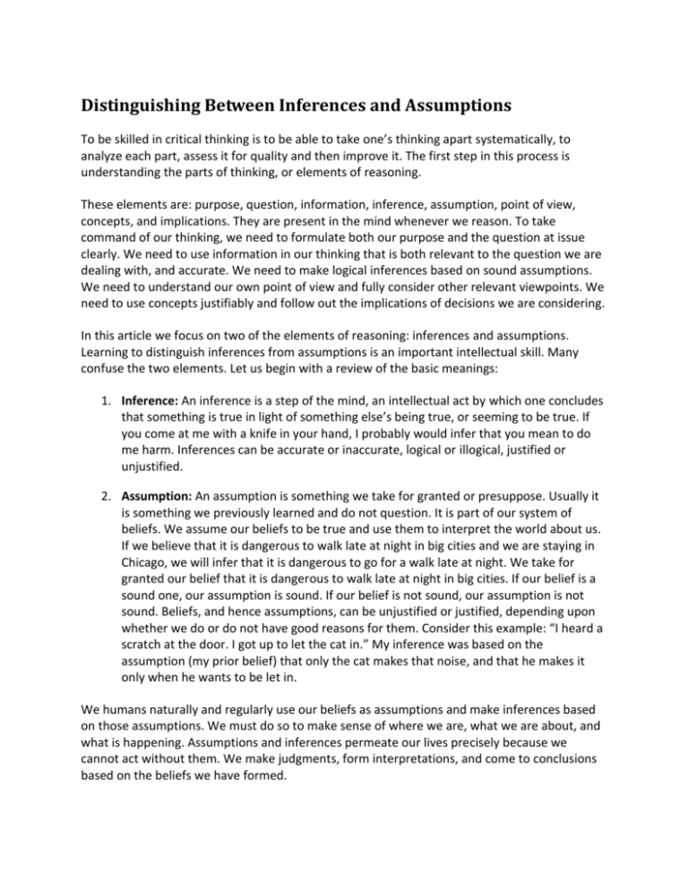 critical thinking distinguishing between inferences and assumptions