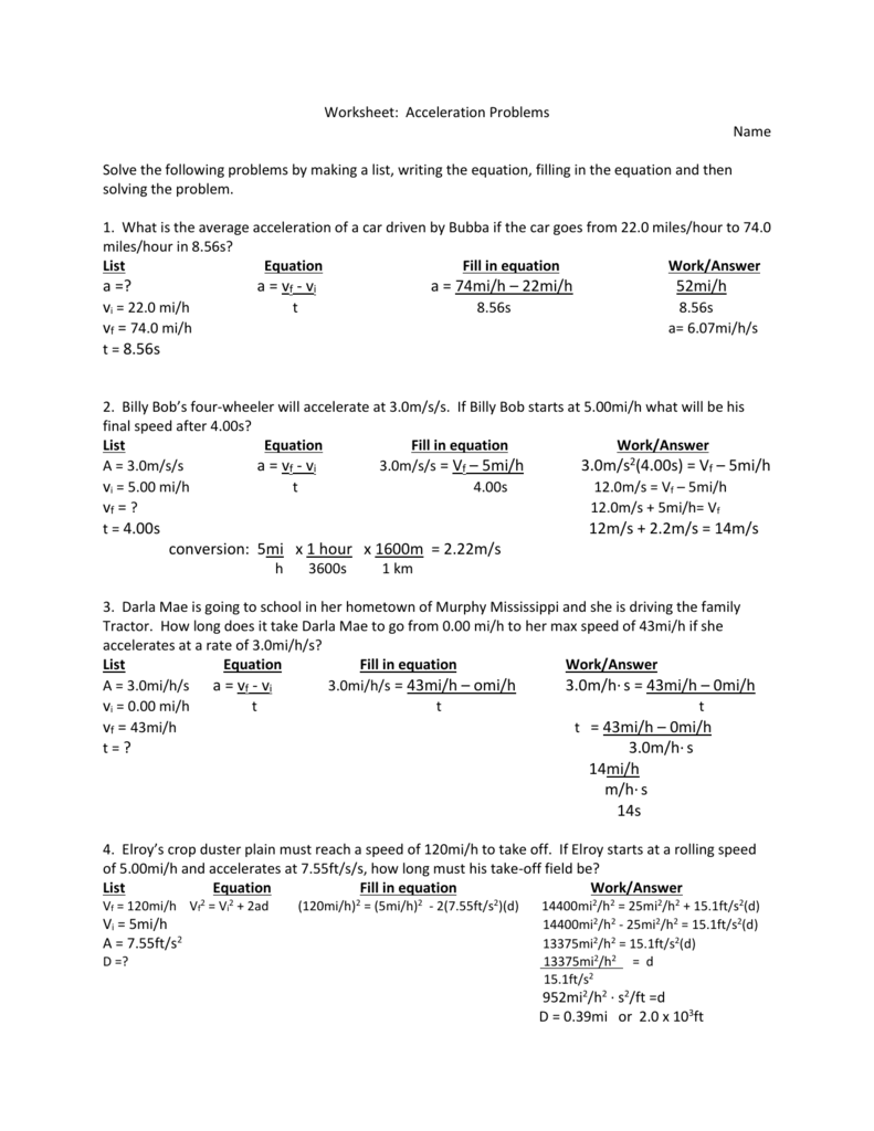 Worksheet: Acceleration Problems Name Solve the following In Acceleration Worksheet With Answers