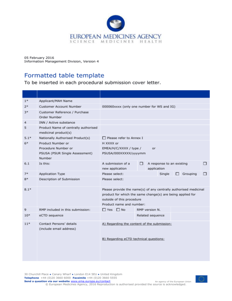 template table cover letter european medicines agency