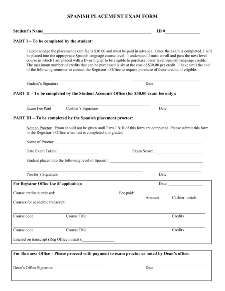 Spanish Placement Exam Form