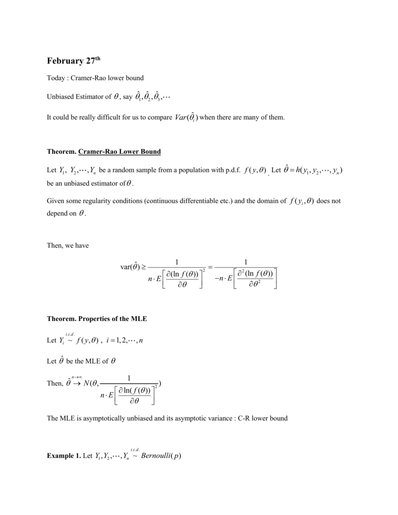 February 27th Today Cramer Rao Lower Bound Unbiased Estimator