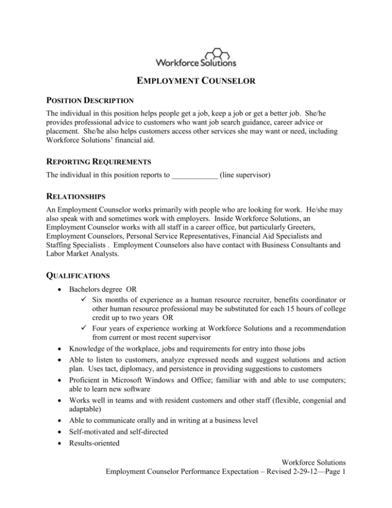 Job Description Employment Counselor