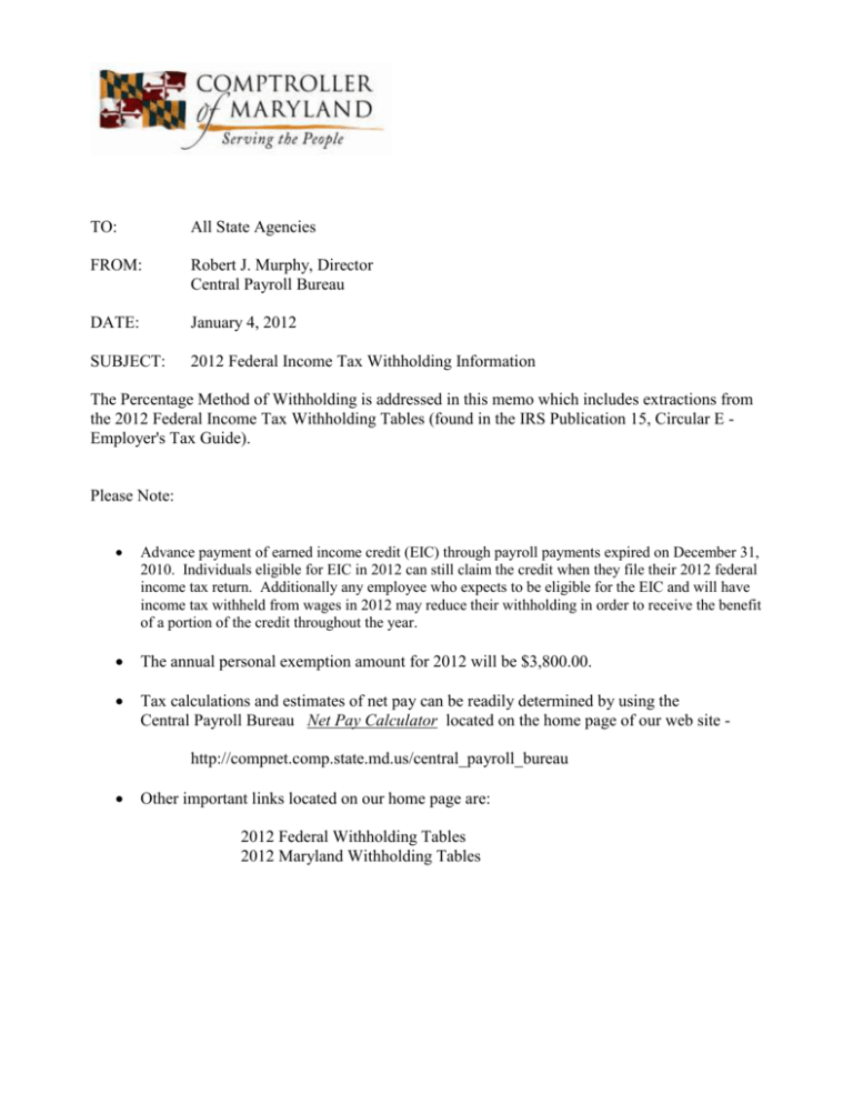 2012 Federal Income Tax Withholding Information