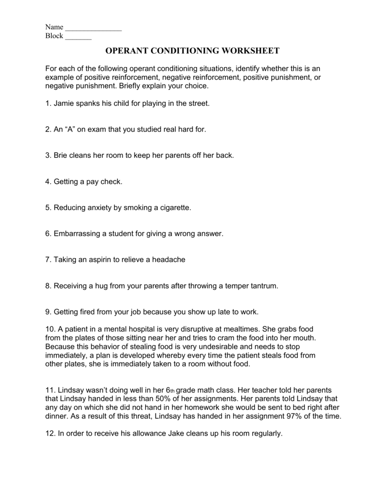 OPERANT CONDITIONING WORKSHEET Pertaining To Schedules Of Reinforcement Worksheet