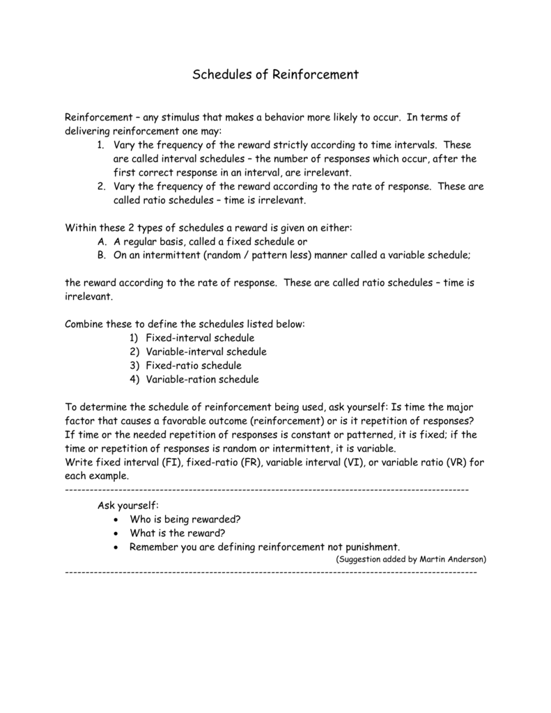 Schedules of Reinforcement Reinforcement – any stimulus that Throughout Schedules Of Reinforcement Worksheet