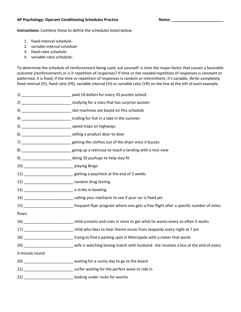 Psychology: Scheduling Pop Partner Quiz With Regard To Schedules Of Reinforcement Worksheet