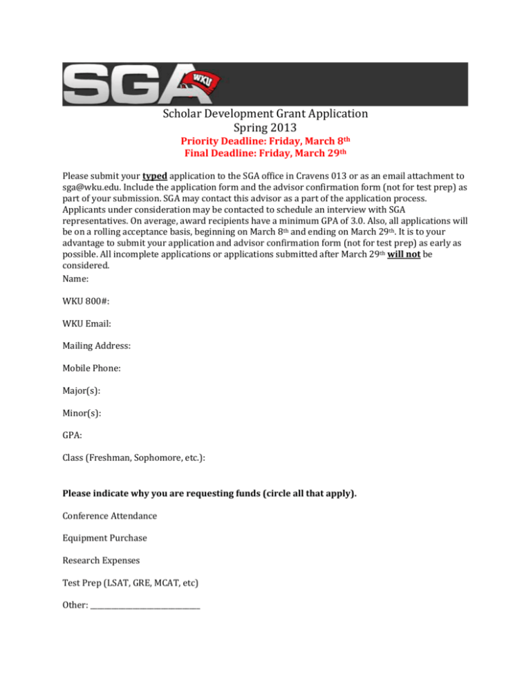 SGA Scholar Development Grant Application