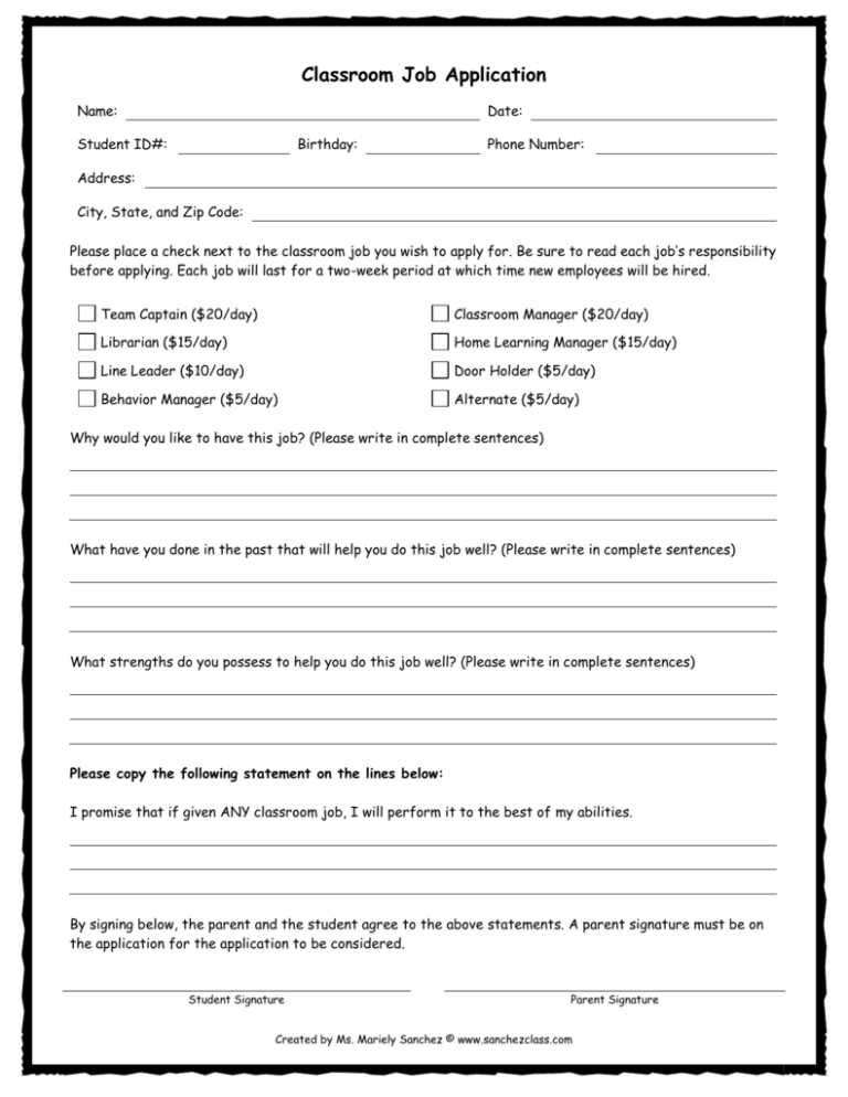 Classroom Job Application Ms Sanchez Fourth Grade Class