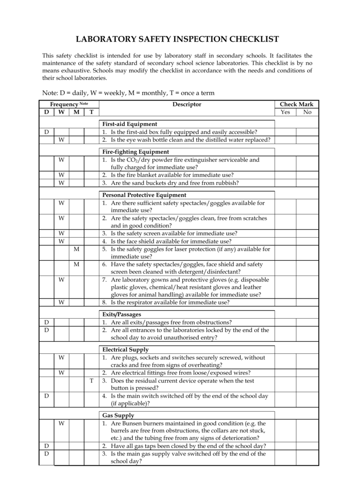 LABORATORY SAFETY INSPECTION CHECKLIST