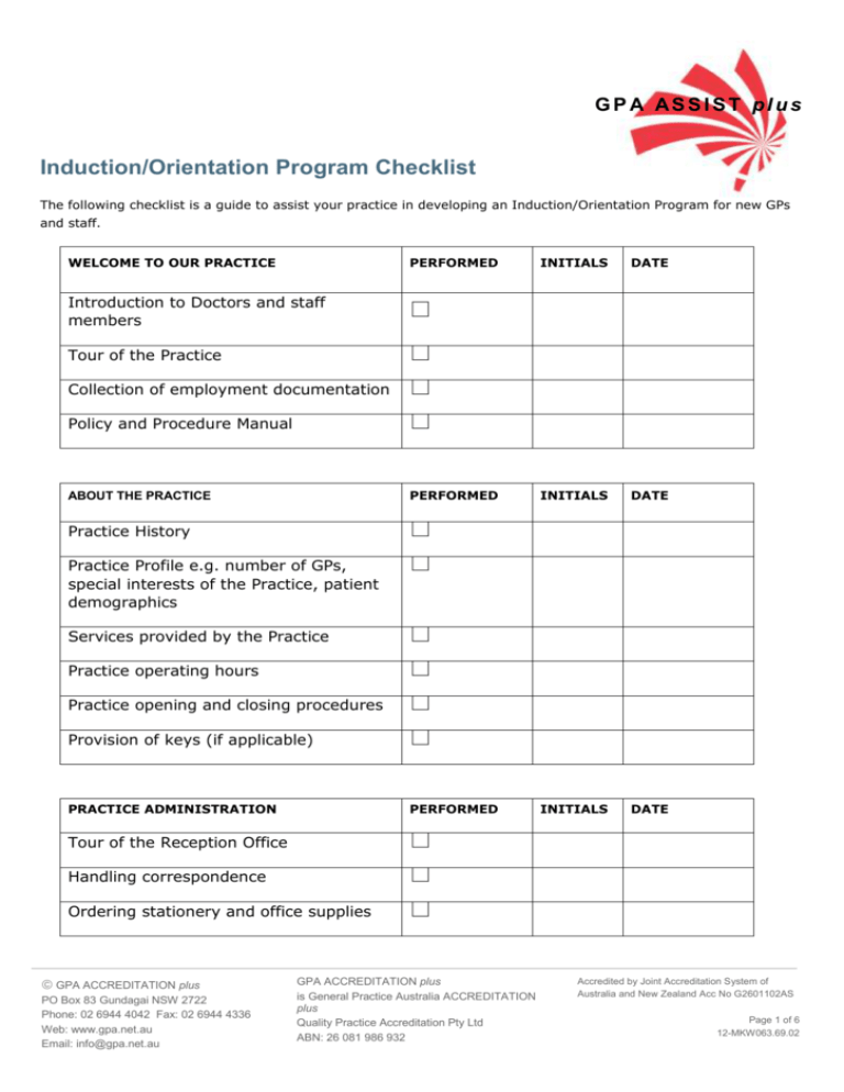 Induction/Orientation Program Checklist