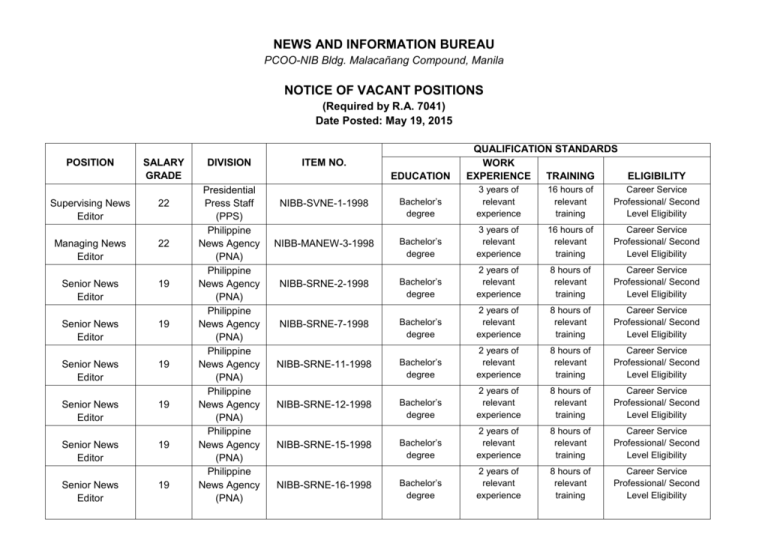 NEWS AND INFORMATION BUREAU PCOO